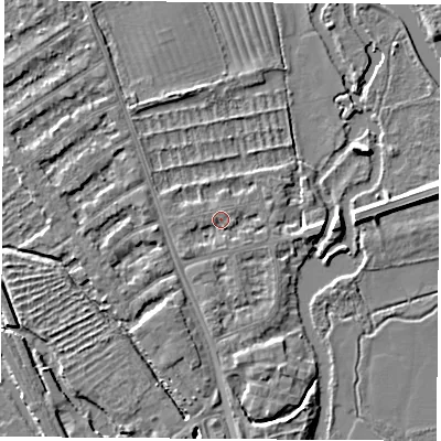 Shaded relief map of the ground around OX14UY, computed from Environment Agency LiDAR. The ground here sits at about 56 m above sea level and falls 5 m across the surrounding 800 m. Surface water reaching this point runs off ground lying to the south-west, 1.3 m higher.