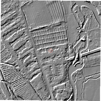 Shaded relief map of the ground around OX14UZ, computed from Environment Agency LiDAR. The ground here sits at about 56 m above sea level and falls 5 m across the surrounding 800 m. Surface water reaching this point runs off ground lying to the north-west, 1.0 m higher.