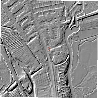 Shaded relief map of the ground around OX14XD, computed from Environment Agency LiDAR. The ground here sits at about 56 m above sea level and falls 6 m across the surrounding 800 m. Surface water reaching this point runs off ground lying to the east-south-east, 1.2 m higher.