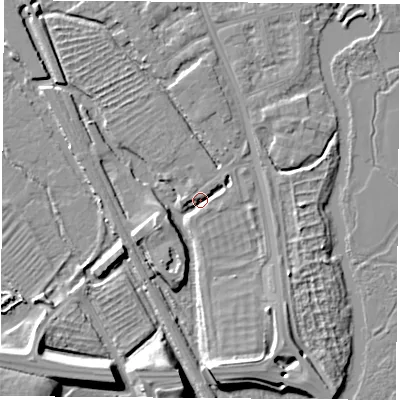 Shaded relief map of the ground around OX14XE, computed from Environment Agency LiDAR. The ground here sits at about 55 m above sea level and falls 12 m across the surrounding 800 m. Surface water reaching this point runs off ground lying to the south, 8.1 m higher.