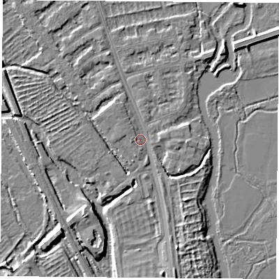 Shaded relief map of the ground around OX14XF, computed from Environment Agency LiDAR. The ground here sits at about 56 m above sea level and falls 6 m across the surrounding 800 m. Surface water reaching this point runs off ground lying to the south, 5.1 m higher.
