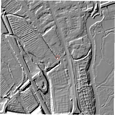 Shaded relief map of the ground around OX14XG, computed from Environment Agency LiDAR. The ground here sits at about 56 m above sea level and falls 9 m across the surrounding 800 m. Surface water reaching this point runs off ground lying to the north-north-east, 2.3 m higher.