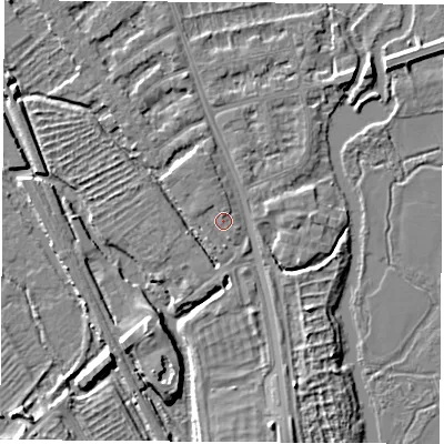 Shaded relief map of the ground around OX14XH, computed from Environment Agency LiDAR. The ground here sits at about 56 m above sea level and falls 6 m across the surrounding 800 m. Surface water reaching this point runs off ground lying to the north-north-west, 0.9 m higher.