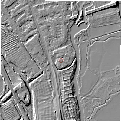 Shaded relief map of the ground around OX14XL, computed from Environment Agency LiDAR. The ground here sits at about 56 m above sea level and falls 6 m across the surrounding 800 m. Surface water reaching this point runs off ground lying to the north, 0.8 m higher.