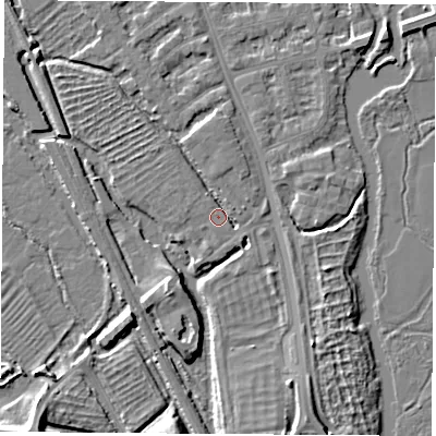 Shaded relief map of the ground around OX14XN, computed from Environment Agency LiDAR. The ground here sits at about 56 m above sea level and falls 10 m across the surrounding 800 m. Surface water reaching this point runs off ground lying to the south-south-west, 1.3 m higher.
