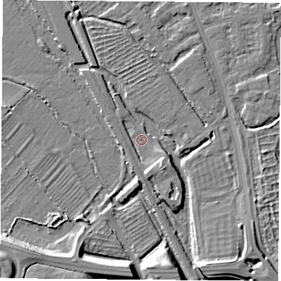 Shaded relief map of the ground around OX14XP, computed from Environment Agency LiDAR. The ground here sits at about 56 m above sea level and falls 18 m across the surrounding 800 m. Surface water reaching this point runs off ground lying to the south-east, 4.8 m higher.