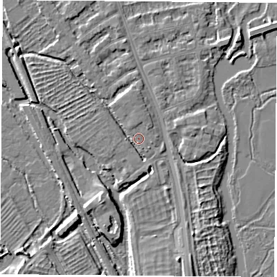 Shaded relief map of the ground around OX14XQ, computed from Environment Agency LiDAR. The ground here sits at about 56 m above sea level and falls 6 m across the surrounding 800 m. Surface water reaching this point runs off ground lying to the south-south-east, 2.4 m higher.
