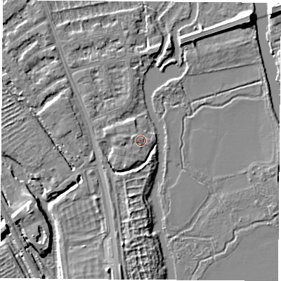Shaded relief map of the ground around OX14XR, computed from Environment Agency LiDAR. The ground here sits at about 56 m above sea level and falls 6 m across the surrounding 800 m. Surface water reaching this point runs off ground lying to the west-north-west, 1.1 m higher.