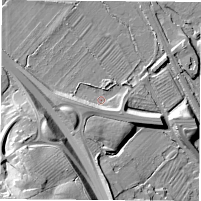Shaded relief map of the ground around OX14XS, computed from Environment Agency LiDAR. The ground here sits at about 58 m above sea level and falls 40 m across the surrounding 800 m. Surface water reaching this point runs off ground lying to the west-south-west, 15.1 m higher.