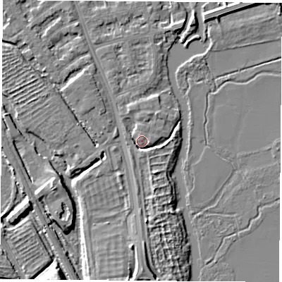 Shaded relief map of the ground around OX14XU, computed from Environment Agency LiDAR. The ground here sits at about 56 m above sea level and falls 7 m across the surrounding 800 m. Surface water reaching this point runs off ground lying to the south, 2.4 m higher.
