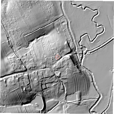Shaded relief map of the ground around OX150PE, computed from Environment Agency LiDAR. The ground here sits at about 90 m above sea level and falls 28 m across the surrounding 800 m. Surface water reaching this point runs off ground lying to the west, 1.8 m higher.