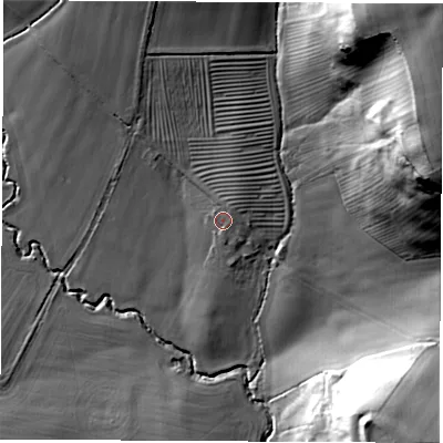 Shaded relief map of the ground around OX150PQ, computed from Environment Agency LiDAR. The ground here sits at about 104 m above sea level and falls 54 m across the surrounding 800 m. Surface water reaching this point runs off ground lying to the north-east, 1.6 m higher.