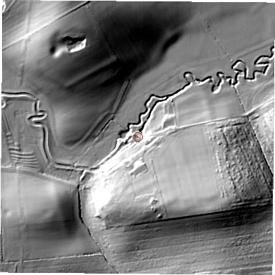 Shaded relief map of the ground around OX150TW, computed from Environment Agency LiDAR. The ground here sits at about 91 m above sea level and falls 26 m across the surrounding 800 m. Surface water reaching this point runs off ground lying to the south-south-east, 21.1 m higher.