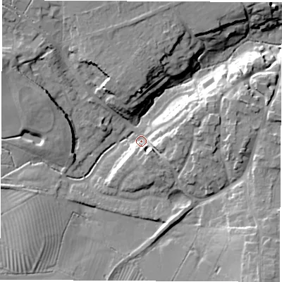 Shaded relief map of the ground around OX154HL, computed from Environment Agency LiDAR. The ground here sits at about 110 m above sea level and falls 21 m across the surrounding 800 m. Surface water reaching this point runs off ground lying to the east-north-east, 12.2 m higher.