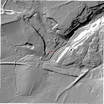 Shaded relief map of the ground around OX154HY, computed from Environment Agency LiDAR. The ground here sits at about 111 m above sea level and falls 16 m across the surrounding 800 m. Surface water reaching this point runs off ground lying to the north-west, 13.1 m higher.