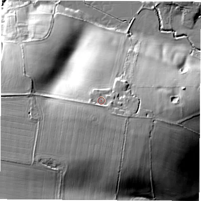 Shaded relief map of the ground around OX154LL, computed from Environment Agency LiDAR. The ground here sits at about 116 m above sea level and falls 28 m across the surrounding 800 m. Surface water reaching this point runs off ground lying to the south-south-east, 3.2 m higher.