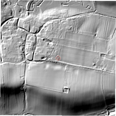 Shaded relief map of the ground around OX154LN, computed from Environment Agency LiDAR. The ground here sits at about 123 m above sea level and falls 41 m across the surrounding 800 m. Surface water reaching this point runs off ground lying to the south-west, 2.9 m higher.