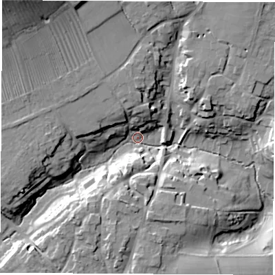 Shaded relief map of the ground around OX154PU, computed from Environment Agency LiDAR. The ground here sits at about 108 m above sea level and falls 34 m across the surrounding 800 m. Surface water reaching this point runs off ground lying to the north-west, 31.0 m higher.