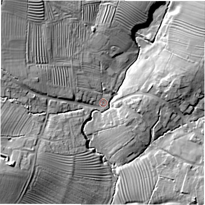 Shaded relief map of the ground around OX155AG, computed from Environment Agency LiDAR. The ground here sits at about 102 m above sea level and falls 22 m across the surrounding 800 m. Surface water reaching this point runs off ground lying to the south-west, 18.5 m higher.