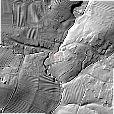 Shaded relief map of the ground around OX155AH, computed from Environment Agency LiDAR. The ground here sits at about 104 m above sea level and falls 22 m across the surrounding 800 m. Surface water reaching this point runs off ground lying to the east-north-east, 14.0 m higher.