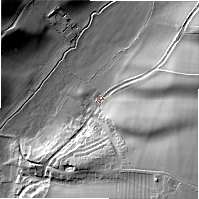 Shaded relief map of the ground around OX155DY, computed from Environment Agency LiDAR. The ground here sits at about 106 m above sea level and falls 35 m across the surrounding 800 m. Surface water reaching this point runs off ground lying to the east-south-east, 24.7 m higher.