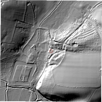 Shaded relief map of the ground around OX155ED, computed from Environment Agency LiDAR. The ground here sits at about 108 m above sea level and falls 33 m across the surrounding 800 m. Surface water reaching this point runs off ground lying to the east-south-east, 27.6 m higher.