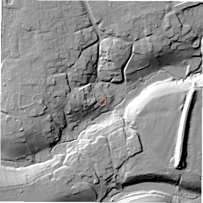Shaded relief map of the ground around OX155LN, computed from Environment Agency LiDAR. The ground here sits at about 146 m above sea level and falls 27 m across the surrounding 800 m. Surface water reaching this point runs off ground lying to the west, 6.5 m higher.