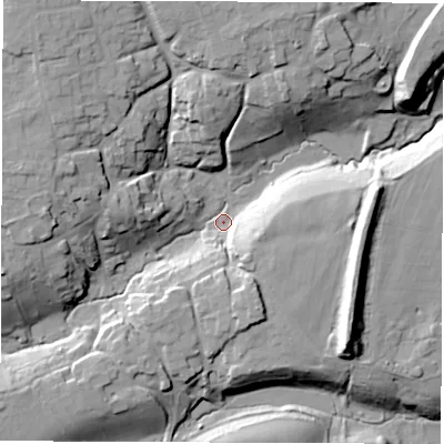 Shaded relief map of the ground around OX155LP, computed from Environment Agency LiDAR. The ground here sits at about 141 m above sea level and falls 28 m across the surrounding 800 m. Surface water reaching this point runs off ground lying to the west-north-west, 21.8 m higher.