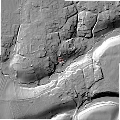 Shaded relief map of the ground around OX155NG, computed from Environment Agency LiDAR. The ground here sits at about 148 m above sea level and falls 25 m across the surrounding 800 m. Surface water reaching this point runs off ground lying to the north-west, 16.1 m higher.