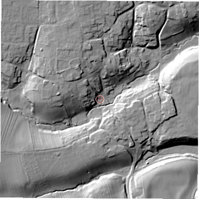 Shaded relief map of the ground around OX155PS, computed from Environment Agency LiDAR. The ground here sits at about 144 m above sea level and falls 25 m across the surrounding 800 m. Surface water reaching this point runs off ground lying to the north-west, 16.7 m higher.
