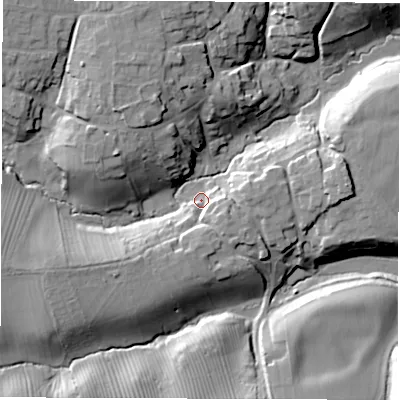 Shaded relief map of the ground around OX155PW, computed from Environment Agency LiDAR. The ground here sits at about 145 m above sea level and falls 24 m across the surrounding 800 m. Surface water reaching this point runs off ground lying to the south, 10.5 m higher.