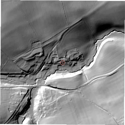 Shaded relief map of the ground around OX155SS, computed from Environment Agency LiDAR. The ground here sits at about 113 m above sea level and falls 37 m across the surrounding 800 m. Surface water reaching this point runs off ground lying to the north-north-west, 28.9 m higher.