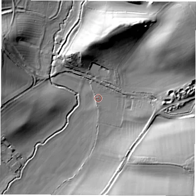 Shaded relief map of the ground around OX156AA, computed from Environment Agency LiDAR. The ground here sits at about 106 m above sea level and falls 39 m across the surrounding 800 m. Surface water reaching this point runs off ground lying to the north-east, 34.9 m higher.