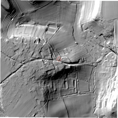 Shaded relief map of the ground around OX156NH, computed from Environment Agency LiDAR. The ground here sits at about 160 m above sea level and falls 50 m across the surrounding 800 m. Surface water reaching this point runs off ground lying to the west, 21.2 m higher.