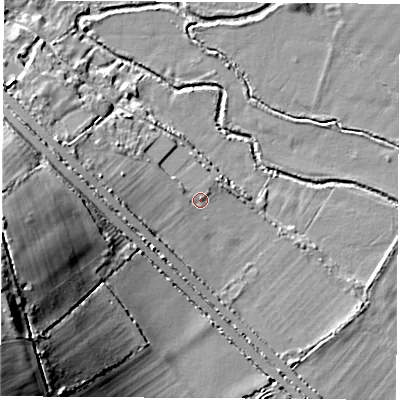 Shaded relief map of the ground around OX15AA, computed from Environment Agency LiDAR. The ground here sits at about 58 m above sea level and falls 37 m across the surrounding 800 m. Surface water reaching this point runs off ground lying to the west, 5.9 m higher.