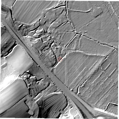 Shaded relief map of the ground around OX15AQ, computed from Environment Agency LiDAR. The ground here sits at about 56 m above sea level and falls 37 m across the surrounding 800 m. Surface water reaching this point runs off ground lying to the west-south-west, 7.3 m higher.
