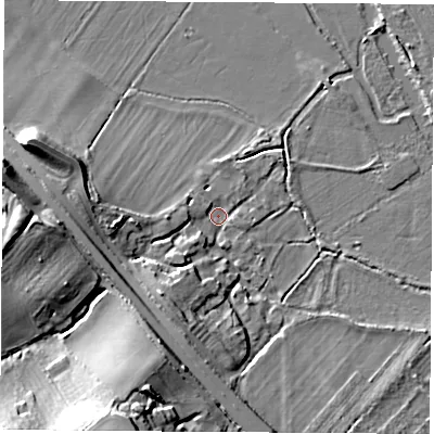 Shaded relief map of the ground around OX15AS, computed from Environment Agency LiDAR. The ground here sits at about 56 m above sea level and falls 23 m across the surrounding 800 m. Surface water reaching this point runs off ground lying to the west, 2.6 m higher.