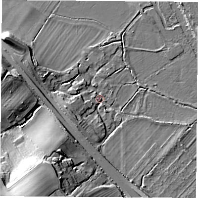 Shaded relief map of the ground around OX15AZ, computed from Environment Agency LiDAR. The ground here sits at about 57 m above sea level and falls 30 m across the surrounding 800 m. Surface water reaching this point runs off ground lying to the west-north-west, 14.2 m higher.