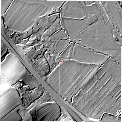 Shaded relief map of the ground around OX15BB, computed from Environment Agency LiDAR. The ground here sits at about 56 m above sea level and falls 33 m across the surrounding 800 m. Surface water reaching this point runs off ground lying to the west-south-west, 7.6 m higher.