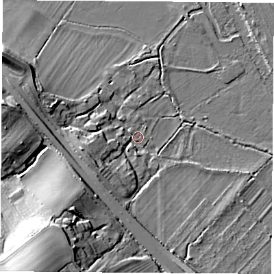 Shaded relief map of the ground around OX15BP, computed from Environment Agency LiDAR. The ground here sits at about 56 m above sea level and falls 30 m across the surrounding 800 m. Surface water reaching this point runs off ground lying to the west-north-west, 13.4 m higher.