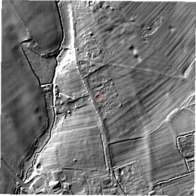 Shaded relief map of the ground around OX15JR, computed from Environment Agency LiDAR. The ground here sits at about 100 m above sea level and falls 16 m across the surrounding 800 m. Surface water reaching this point runs off ground lying to the north, 2.6 m higher.