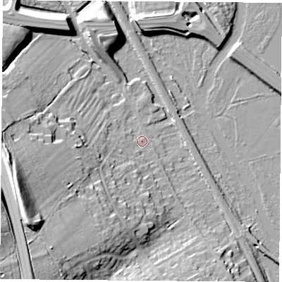 Shaded relief map of the ground around OX15NZ, computed from Environment Agency LiDAR. The ground here sits at about 56 m above sea level and falls 26 m across the surrounding 800 m. Surface water reaching this point runs off ground lying to the south-west, 23.6 m higher.