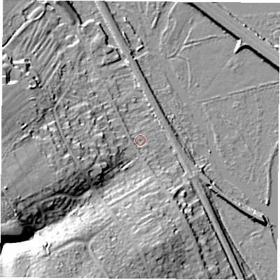 Shaded relief map of the ground around OX15PB, computed from Environment Agency LiDAR. The ground here sits at about 57 m above sea level and falls 25 m across the surrounding 800 m. Surface water reaching this point runs off ground lying to the south-south-west, 1.0 m higher.