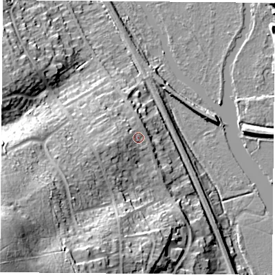 Shaded relief map of the ground around OX15PE, computed from Environment Agency LiDAR. The ground here sits at about 63 m above sea level and falls 39 m across the surrounding 800 m. Surface water reaching this point runs off ground lying to the west-south-west, 4.6 m higher.