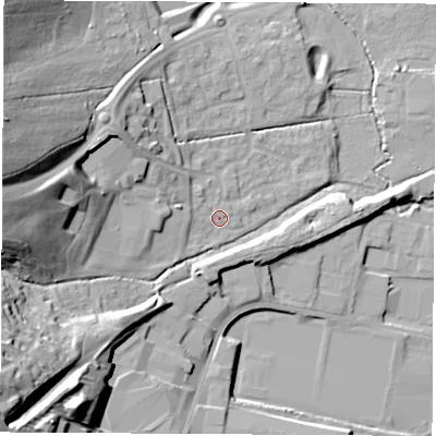 Shaded relief map of the ground around OX161EH, computed from Environment Agency LiDAR. The ground here sits at about 97 m above sea level and falls 32 m across the surrounding 800 m. Surface water reaching this point runs off ground lying to the west, 24.0 m higher.