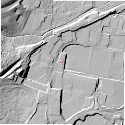 Shaded relief map of the ground around OX161RH, computed from Environment Agency LiDAR. The ground here sits at about 98 m above sea level and falls 31 m across the surrounding 800 m. Surface water reaching this point runs off ground lying to the west, 26.8 m higher.