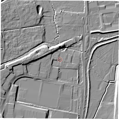 Shaded relief map of the ground around OX161TG, computed from Environment Agency LiDAR. The ground here sits at about 94 m above sea level and falls 12 m across the surrounding 800 m. Surface water reaching this point runs off ground lying to the west, 1.2 m higher.