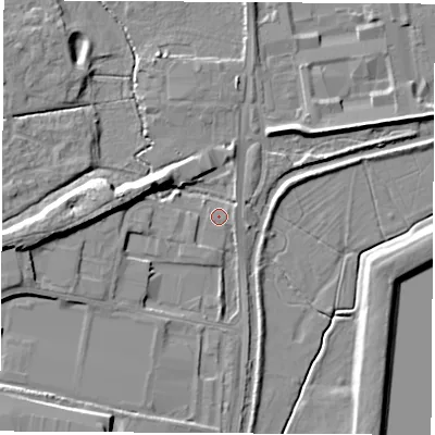 Shaded relief map of the ground around OX161TH, computed from Environment Agency LiDAR. The ground here sits at about 93 m above sea level and falls 11 m across the surrounding 800 m. Surface water reaching this point runs off ground lying to the west, 7.7 m higher.
