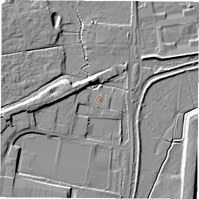 Shaded relief map of the ground around OX161TN, computed from Environment Agency LiDAR. The ground here sits at about 94 m above sea level and falls 12 m across the surrounding 800 m. The ground contributing surface water to this point lies to the south-south-east.