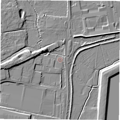 Shaded relief map of the ground around OX161TQ, computed from Environment Agency LiDAR. The ground here sits at about 93 m above sea level and falls 11 m across the surrounding 800 m. Surface water reaching this point runs off ground lying to the west, 7.7 m higher.
